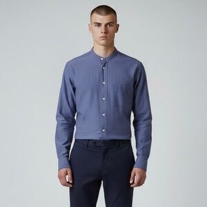 Eton Oxford Shirt Mens Large Blue Slim Fit Button Down Band Collar Cotton Pocket